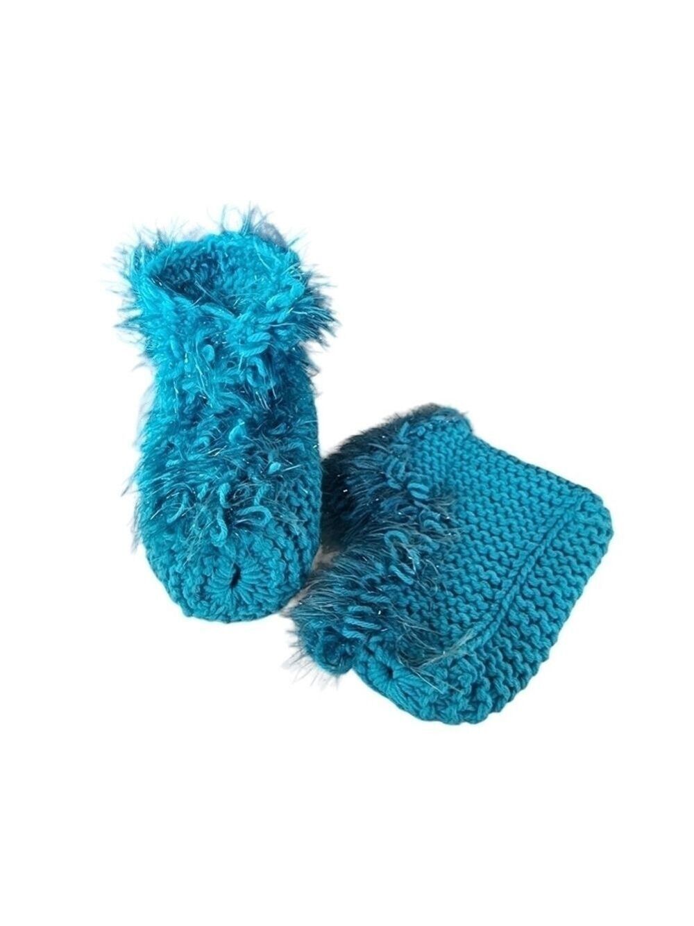 Hand Knit crocheted blue fringe booties grannycore M/L